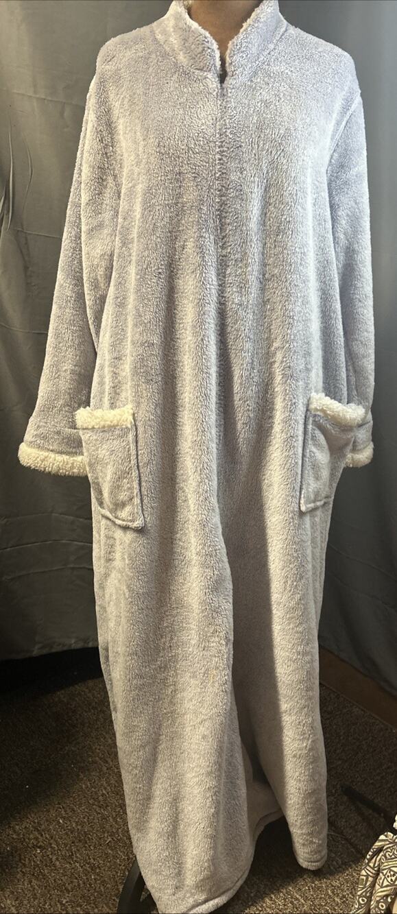 Natori Light Blue Plush Sherpa Zip Caftan Lounger Robe Women's XL With Pockets